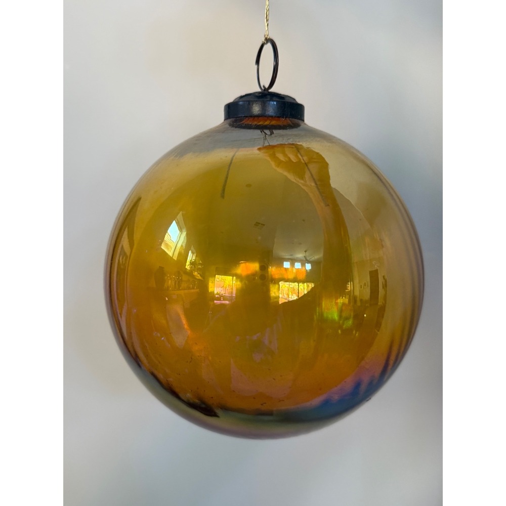 Large Amber Gold Iridescent Ribbed Blown Glass Ornament Suncatcher MCM Style New